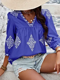 Women's Blouse Geometric Bohemia Casual 3/4 Length Sleeve Puff Sleeve V Neck Regular Tops Daily Print Pink Navy Blue Purple Green Summer Spring
