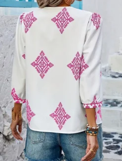 Women's Blouse Geometric Bohemia Casual 3/4 Length Sleeve Puff Sleeve V Neck Regular Tops Daily Print Pink Navy Blue Purple Green Summer Spring