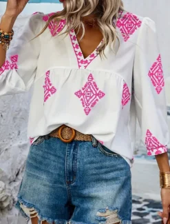 Women's Blouse Geometric Bohemia Casual 3/4 Length Sleeve Puff Sleeve V Neck Regular Tops Daily Print Pink Navy Blue Purple Green Summer Spring