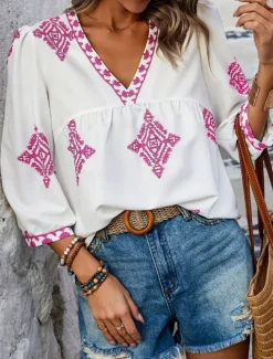 Women's Blouse Geometric Bohemia Casual 3/4 Length Sleeve Puff Sleeve V Neck Regular Tops Daily Print Pink Navy Blue Purple Green Summer Spring