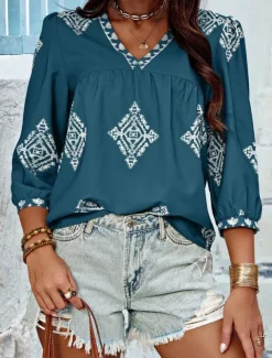 Women's Blouse Geometric Bohemia Casual 3/4 Length Sleeve Puff Sleeve V Neck Regular Tops Daily Print Pink Navy Blue Purple Green Summer Spring