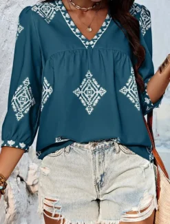 Women's Blouse Geometric Bohemia Casual 3/4 Length Sleeve Puff Sleeve V Neck Regular Tops Daily Print Pink Navy Blue Purple Green Summer Spring