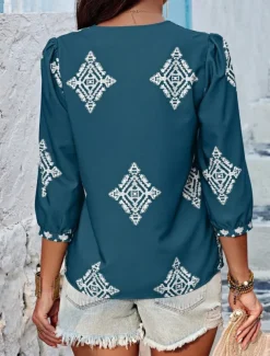 Women's Blouse Geometric Bohemia Casual 3/4 Length Sleeve Puff Sleeve V Neck Regular Tops Daily Print Pink Navy Blue Purple Green Summer Spring