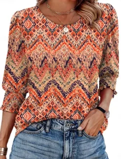 Women's Blouse Graphic Geometric Abstract Tropical Stylish Casual Long Sleeve Crew Neck Regular Tops Daily Print Black White Yellow Orange Green Summer Spring Fall