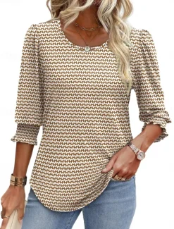 Women's Blouse Graphic Geometric Abstract Tropical Stylish Casual Long Sleeve Crew Neck Regular Tops Daily Print Black White Yellow Orange Green Summer Spring Fall