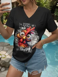 Women's Blouse Graphic Rooster Letter Vintage Stylish Classic Short Sleeve V Neck Regular Tops Daily Going out Beach Wear Print Black White Summer Spring