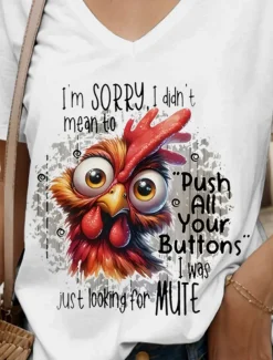 Women's Blouse Graphic Rooster Letter Vintage Stylish Classic Short Sleeve V Neck Regular Tops Daily Going out Beach Wear Print Black White Summer Spring