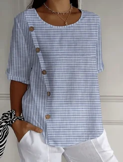 Women's Blouse Graphic Striped Elegant Casual Short Sleeve Crew Neck Regular Tops Daily Holiday Buttons Blue Summer