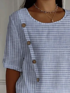 Women's Blouse Graphic Striped Elegant Casual Short Sleeve Crew Neck Regular Tops Daily Holiday Buttons Blue Summer