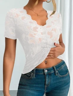 Women's Blouse Lace Tops Solid Color Stylish Casual Short Sleeve V Neck Regular Tops Daily Lace Patchwork Black White Green Summer Spring