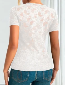 Women's Blouse Lace Tops Solid Color Stylish Casual Short Sleeve V Neck Regular Tops Daily Lace Patchwork Black White Green Summer Spring