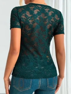 Women's Blouse Lace Tops Solid Color Stylish Casual Short Sleeve V Neck Regular Tops Daily Lace Patchwork Black White Green Summer Spring