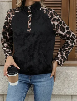 Women's Blouse Leopard Active Daily Stylish Long Sleeve High Neck Regular Tops Work Holiday Going out Patchwork Black Spring Fall