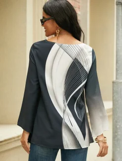 Women's Blouse Long Sleeve Asymmetrical Hem Chiffon Basic Butterfly Print Regular Tops Round Neck Casual White Gray Spring Fall