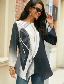 Women's Blouse Long Sleeve Asymmetrical Hem Chiffon Basic Butterfly Print Regular Tops Round Neck Casual White Gray Spring Fall