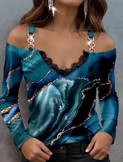 Women's Blouse Long Sleeve V Neck Fashion Abstract Print Cold Shoulder Regular Tops Casual Red Blue Green Spring & Fall