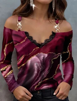 Women's Blouse Long Sleeve V Neck Fashion Abstract Print Cold Shoulder Regular Tops Casual Red Blue Green Spring & Fall