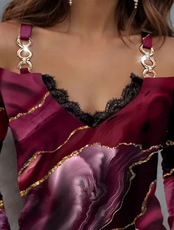 Women's Blouse Long Sleeve V Neck Fashion Abstract Print Cold Shoulder Regular Tops Casual Red Blue Green Spring & Fall