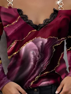 Women's Blouse Long Sleeve V Neck Fashion Abstract Print Cold Shoulder Regular Tops Casual Red Blue Green Spring & Fall