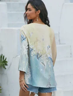 Women's Blouse Long Sleeve Asymmetrical Hem Chiffon Basic Abstract Print Long Tops Round Neck Casual Holiday Yellow Light Green Spring Fall