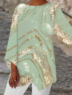 Women's Blouse Long Sleeve Asymmetrical Hem Chiffon Basic Abstract Print Long Tops Round Neck Casual Holiday Yellow Light Green Spring Fall