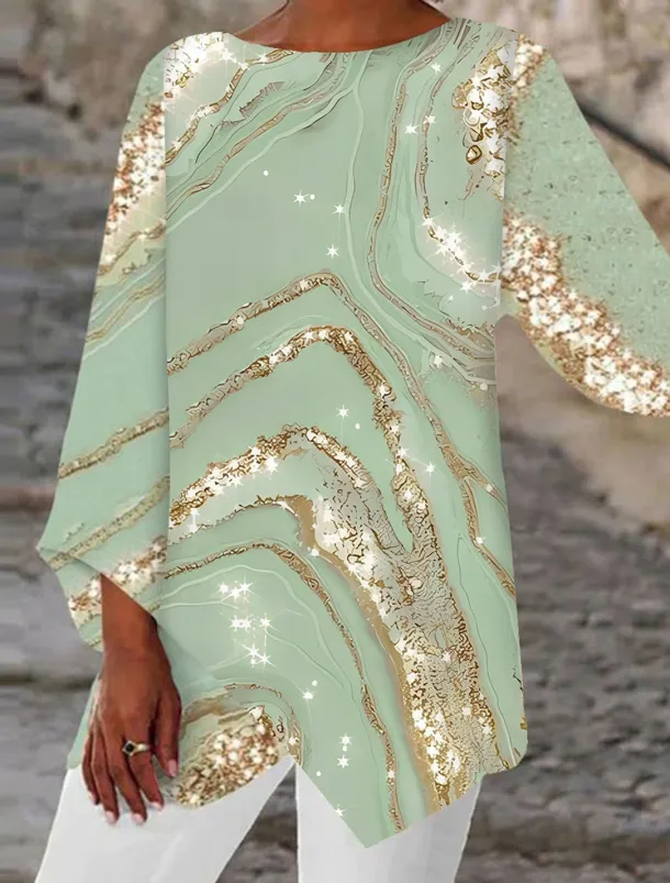 Women's Blouse Long Sleeve Asymmetrical Hem Chiffon Basic Abstract Print Long Tops Round Neck Casual Holiday Yellow Light Green Spring Fall