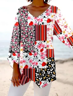 Women's Blouse Long Sleeve Asymmetrical Hem Floral Graphic Geometric Stylish Beach Short Sleeve V Neck Regular Tops Daily Print Yellow Red Blue Purple Spring Fall