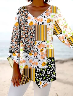 Women's Blouse Long Sleeve Asymmetrical Hem Floral Graphic Geometric Stylish Beach Short Sleeve V Neck Regular Tops Daily Print Yellow Red Blue Purple Spring Fall