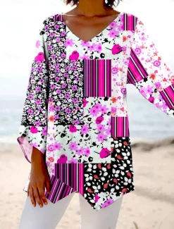 Women's Blouse Long Sleeve Asymmetrical Hem Floral Graphic Geometric Stylish Beach Short Sleeve V Neck Regular Tops Daily Print Yellow Red Blue Purple Spring Fall