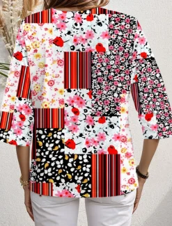 Women's Blouse Long Sleeve Asymmetrical Hem Floral Graphic Geometric Stylish Beach Short Sleeve V Neck Regular Tops Daily Print Yellow Red Blue Purple Spring Fall
