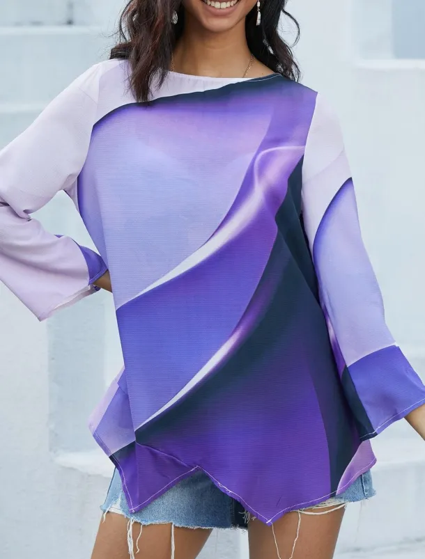 Women's Blouse Long Sleeve Asymmetrical Hem Tunic Top Chiffon Stylish Neon & Bright Ombre Print Asymmetric Hem Long Tops Round Neck Casual Daily Pink Purple Orange Green Gray Spring Fall