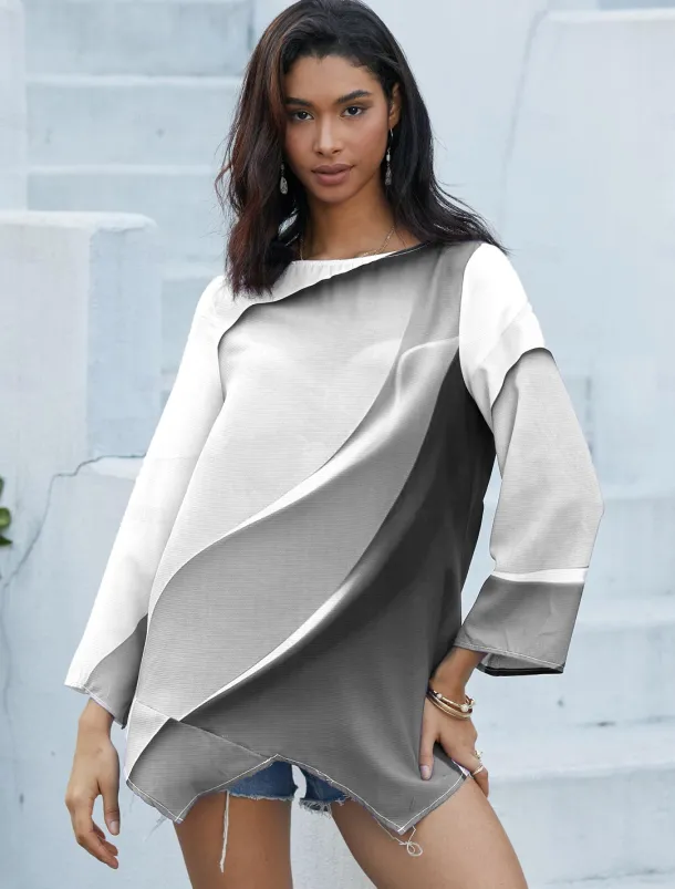 Women's Blouse Long Sleeve Asymmetrical Hem Tunic Top Chiffon Stylish Neon & Bright Ombre Print Asymmetric Hem Long Tops Round Neck Casual Daily Pink Purple Orange Green Gray Spring Fall