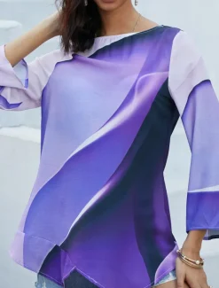 Women's Blouse Long Sleeve Asymmetrical Hem Tunic Top Chiffon Stylish Neon & Bright Ombre Print Asymmetric Hem Long Tops Round Neck Casual Daily Pink Purple Orange Green Gray Spring Fall
