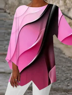 Women's Blouse Long Sleeve Asymmetrical Hem Tunic Top Chiffon Stylish Neon & Bright Ombre Print Asymmetric Hem Long Tops Round Neck Casual Daily Pink Purple Orange Green Gray Spring Fall