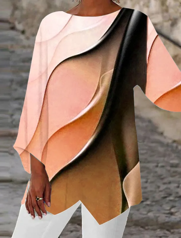 Women's Blouse Long Sleeve Asymmetrical Hem Tunic Top Chiffon Stylish Neon & Bright Ombre Print Asymmetric Hem Long Tops Round Neck Casual Daily Pink Purple Orange Green Gray Spring Fall