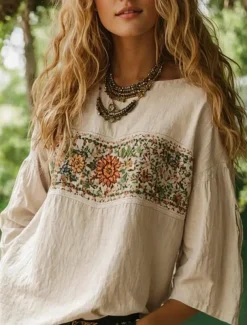 Women's Blouse Long Sleeve Floral Graphic Bohemia Daily Ethnic 3/4 Length Sleeve Crew Neck Boat Neck Regular Tops Daily Holiday Vacation Wear Print Black Red Orange Beige Summer Spring