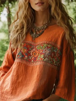 Women's Blouse Long Sleeve Floral Graphic Bohemia Daily Ethnic 3/4 Length Sleeve Crew Neck Boat Neck Regular Tops Daily Holiday Vacation Wear Print Black Red Orange Beige Summer Spring