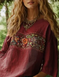 Women's Blouse Long Sleeve Floral Graphic Bohemia Daily Ethnic 3/4 Length Sleeve Crew Neck Boat Neck Regular Tops Daily Holiday Vacation Wear Print Black Red Orange Beige Summer Spring