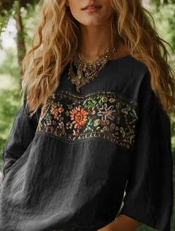 Women's Blouse Long Sleeve Floral Graphic Bohemia Daily Ethnic 3/4 Length Sleeve Crew Neck Boat Neck Regular Tops Daily Holiday Vacation Wear Print Black Red Orange Beige Summer Spring