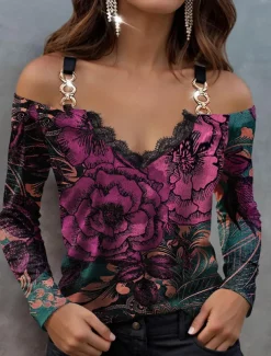Women's Blouse Long Sleeve V Neck Fashion Floral Print Cold Shoulder Regular Tops Off Shoulder Casual Holiday Red Blue Purple Spring & Fall