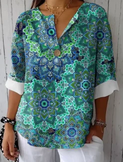 Women's Blouse Long Sleeve V Neck Floral Graphic Vintage Tropical Hawaiian Regular Tops Daily Holiday Beach Wear Print White Pink Blue Purple Green Summer Spring