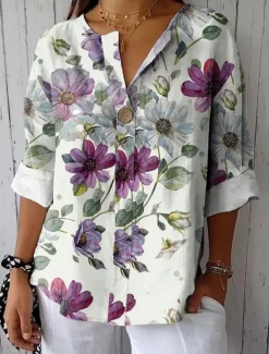 Women's Blouse Long Sleeve V Neck Floral Graphic Vintage Tropical Hawaiian Regular Tops Daily Holiday Beach Wear Print White Pink Blue Purple Green Summer Spring