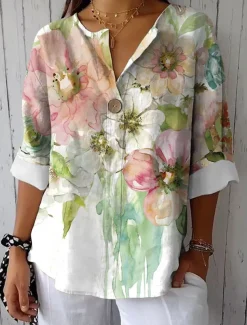 Women's Blouse Long Sleeve V Neck Floral Graphic Vintage Tropical Hawaiian Regular Tops Daily Holiday Beach Wear Print White Pink Blue Purple Green Summer Spring