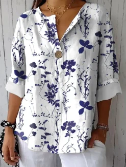 Women's Blouse Long Sleeve V Neck Floral Graphic Vintage Tropical Hawaiian Regular Tops Daily Holiday Beach Wear Print White Pink Blue Purple Green Summer Spring