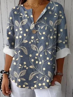 Women's Blouse Long Sleeve V Neck Floral Graphic Vintage Tropical Hawaiian Regular Tops Daily Holiday Beach Wear Print White Pink Blue Purple Green Summer Spring