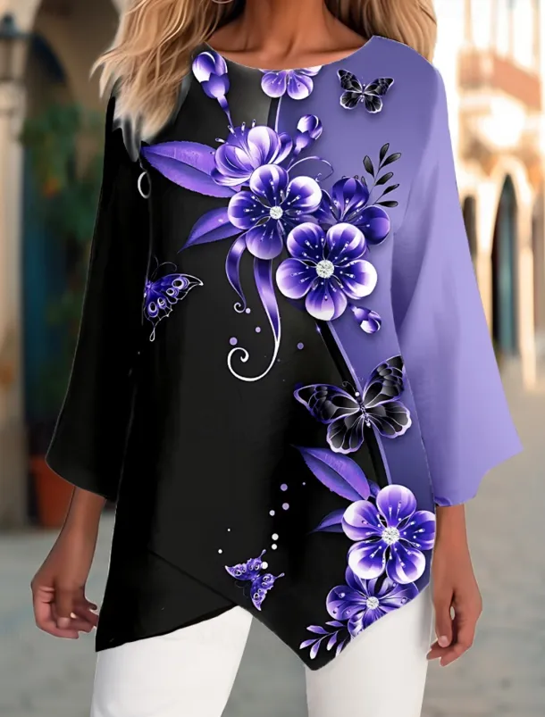 Women's Blouse Long Sleeve Asymmetrical Hem Chiffon Floral Print Long Tops Round Neck Casual Holiday Yellow Blue Green Spring & Fall