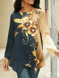 Women's Blouse Long Sleeve Asymmetrical Hem Chiffon Floral Print Long Tops Round Neck Casual Holiday Yellow Blue Green Spring & Fall