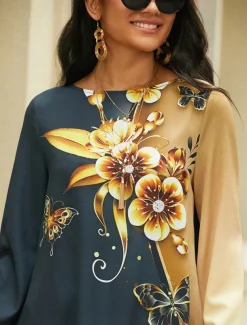 Women's Blouse Long Sleeve Asymmetrical Hem Chiffon Floral Print Long Tops Round Neck Casual Holiday Yellow Blue Green Spring & Fall