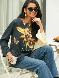 Women's Blouse Long Sleeve Asymmetrical Hem Chiffon Floral Print Long Tops Round Neck Casual Holiday Yellow Blue Green Spring & Fall