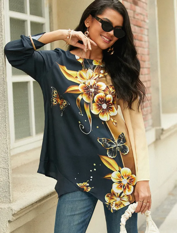 Women's Blouse Long Sleeve Asymmetrical Hem Chiffon Floral Print Long Tops Round Neck Casual Holiday Yellow Blue Green Spring & Fall
